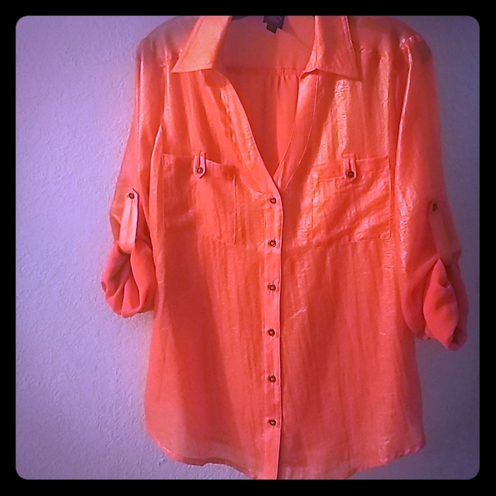 2b Bebe Iridescent Orange Button Down 3/4 Sleeve Semi Sheer Top